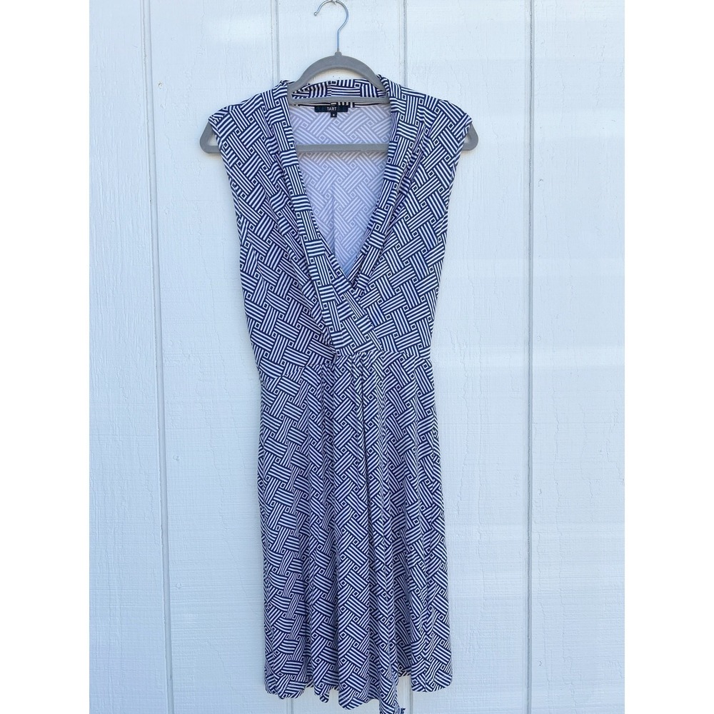 TART Faux Wrap Modal V Neck Fit n Flare Dress, Blue Geometric Pattern, Sz S‎